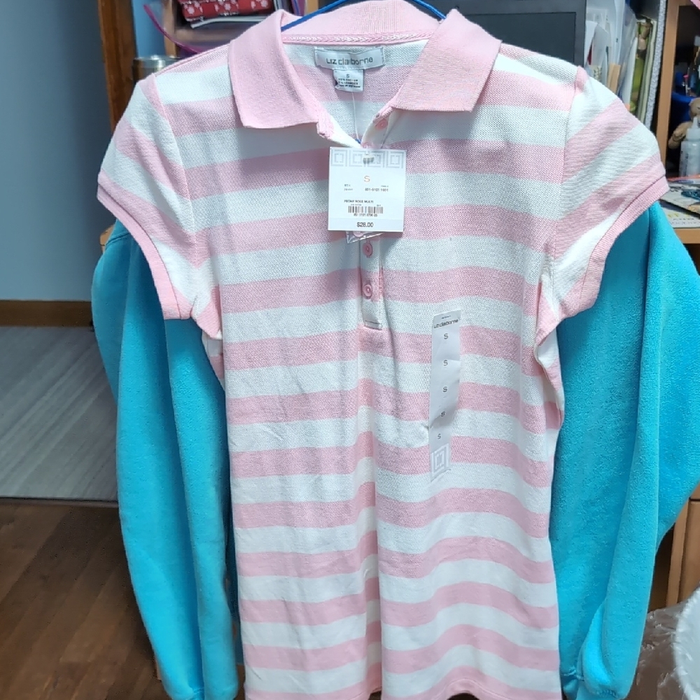 Liz Claiborne Pink and White Striped Collared Shirt